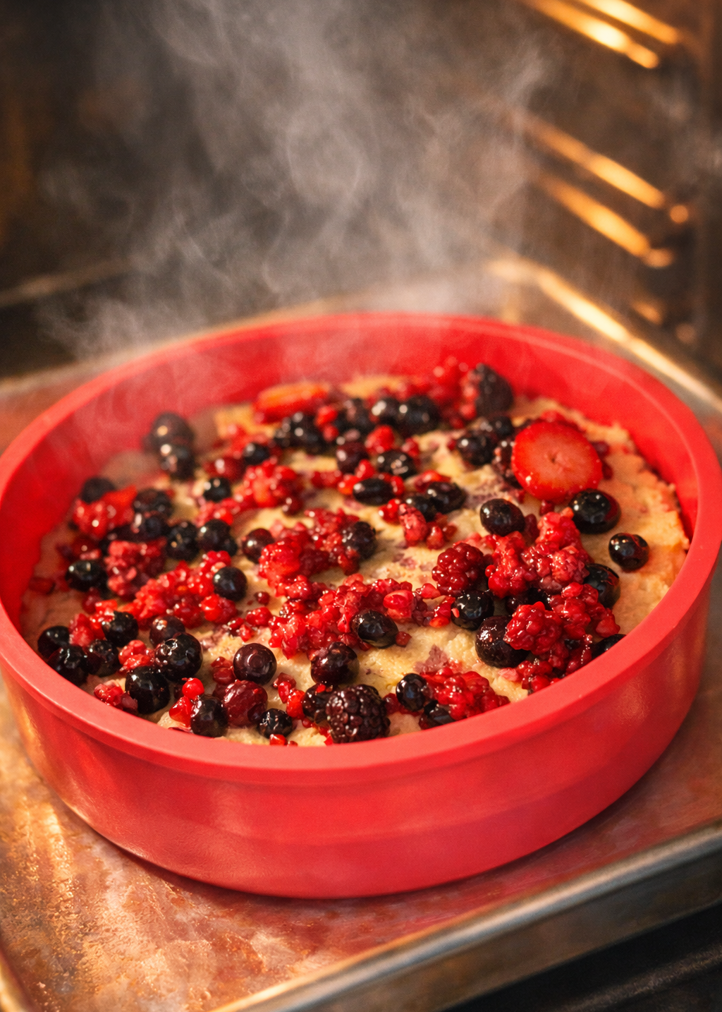 Steaming slice of sugar-free, keto, gluten-free berry-studded cake being lifted from a round cake on a cooling rack, showing a moist, golden cottage-cheese crumb with mixed berries