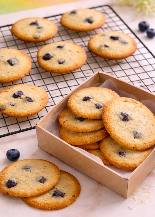 Blueberry cookies in a box and on a cooling rack with blueberries.
