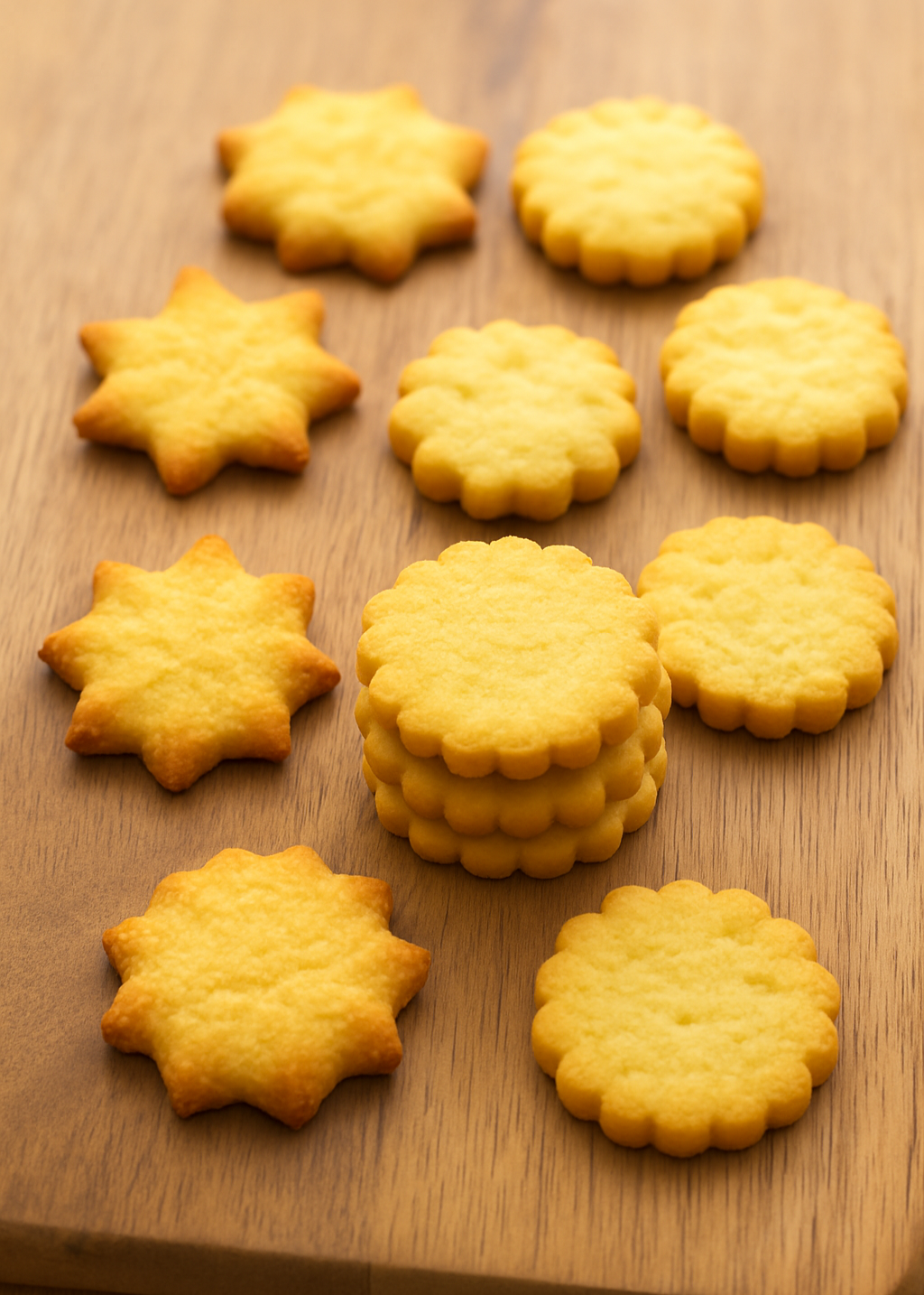 A stack of golden keto-friendly butter biscuits placed on a wooden board, with a few arranged around, showcasing their crisp shape and delicate texture.
