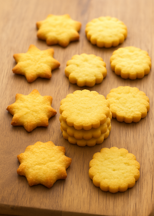A stack of golden keto-friendly butter biscuits placed on a wooden board, with a few arranged around, showcasing their crisp shape and delicate texture.