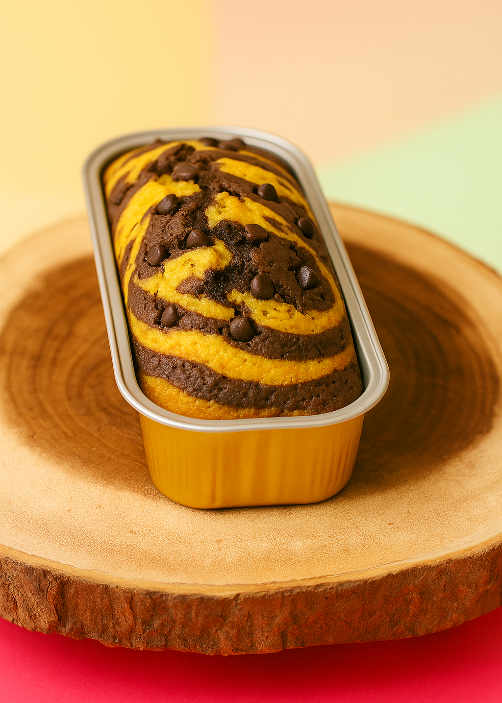 Freshly baked keto marbled Mini cake with chocolate chips in a tray, displayed on a wooden slice with pastel background
