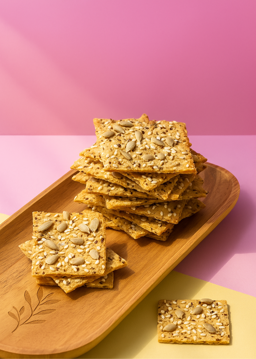A stack of crispy golden keto seed crackers on a wooden board, made from sunflower, pumpkin, sesame, and chia seeds — perfect for low-carb snacking.