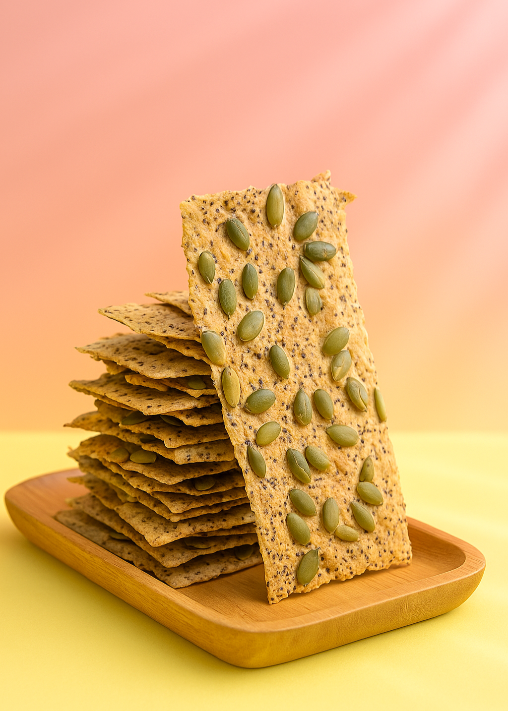 A stack of crispy golden keto seed crackers on a wooden board, made from sunflower, pumpkin, sesame, and chia seeds — perfect for low-carb snacking.
