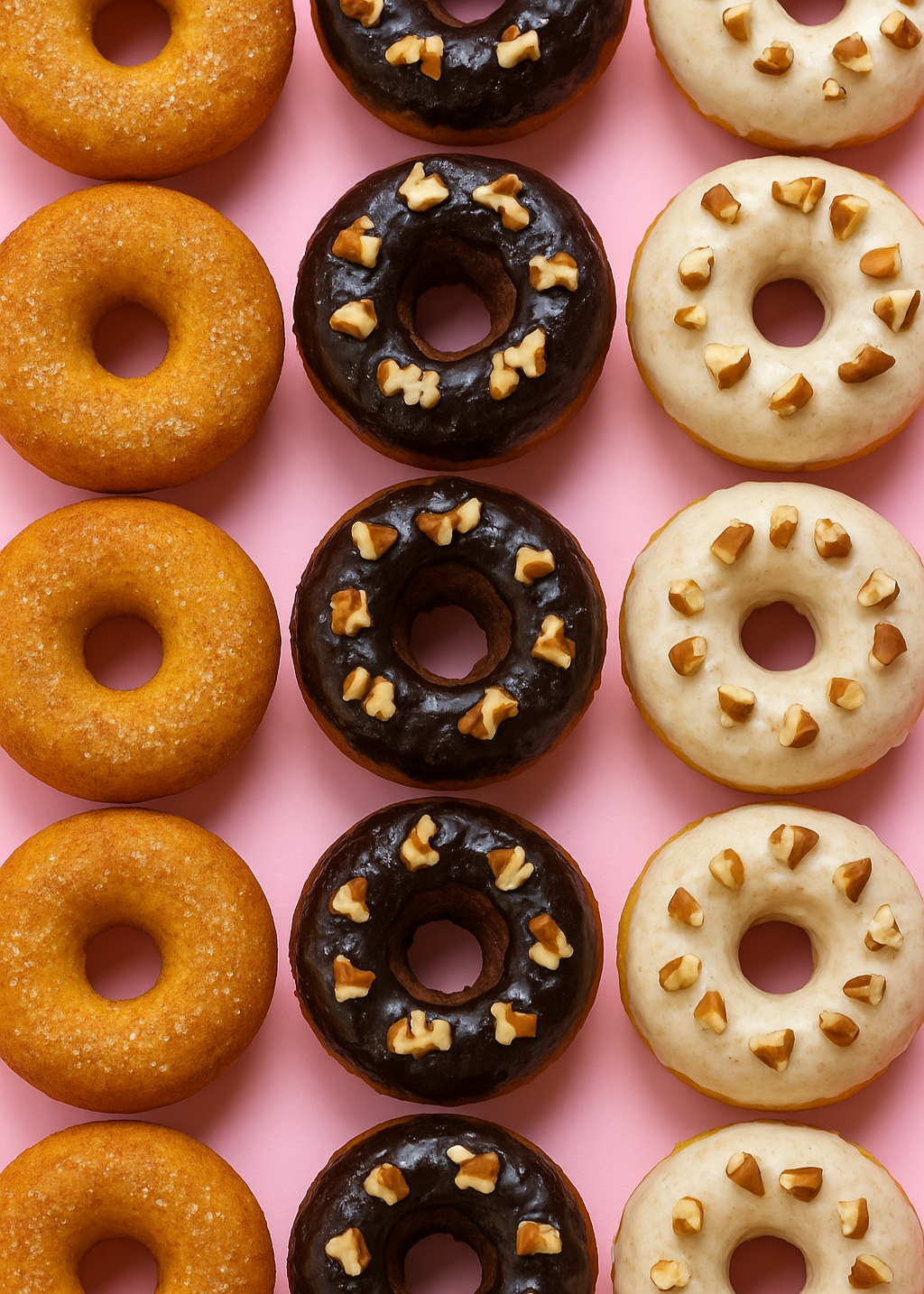 An assortment of keto-friendly donuts — cinnamon sugar, chocolate glazed with chopped pecans, and vanilla glazed with chopped pecans — neatly arranged in rows on a pastel pink background, showcasing the variety of flavours in the Mix Box Donuts pack.