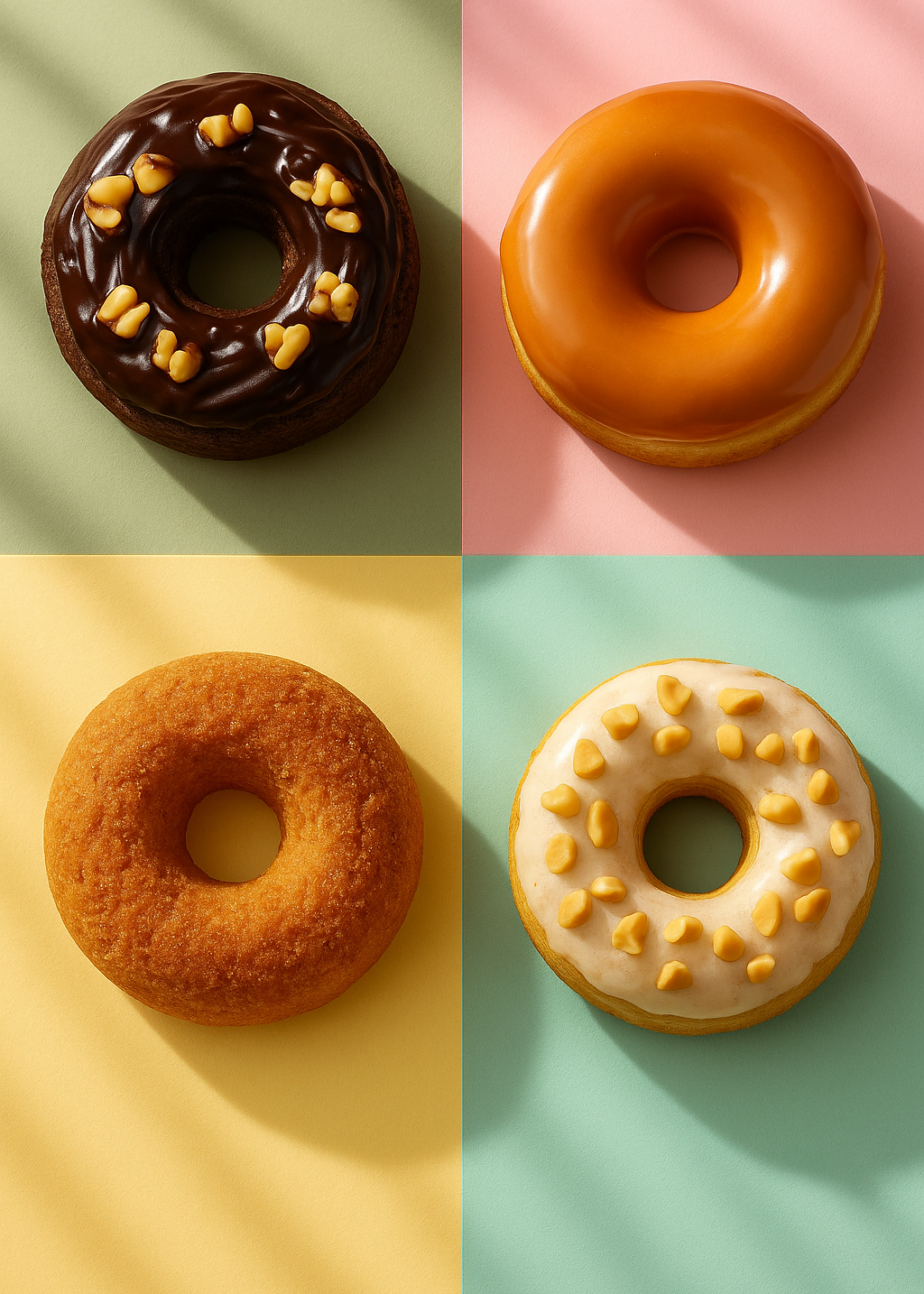 Four different types of donuts on a grid of four colored backgrounds.