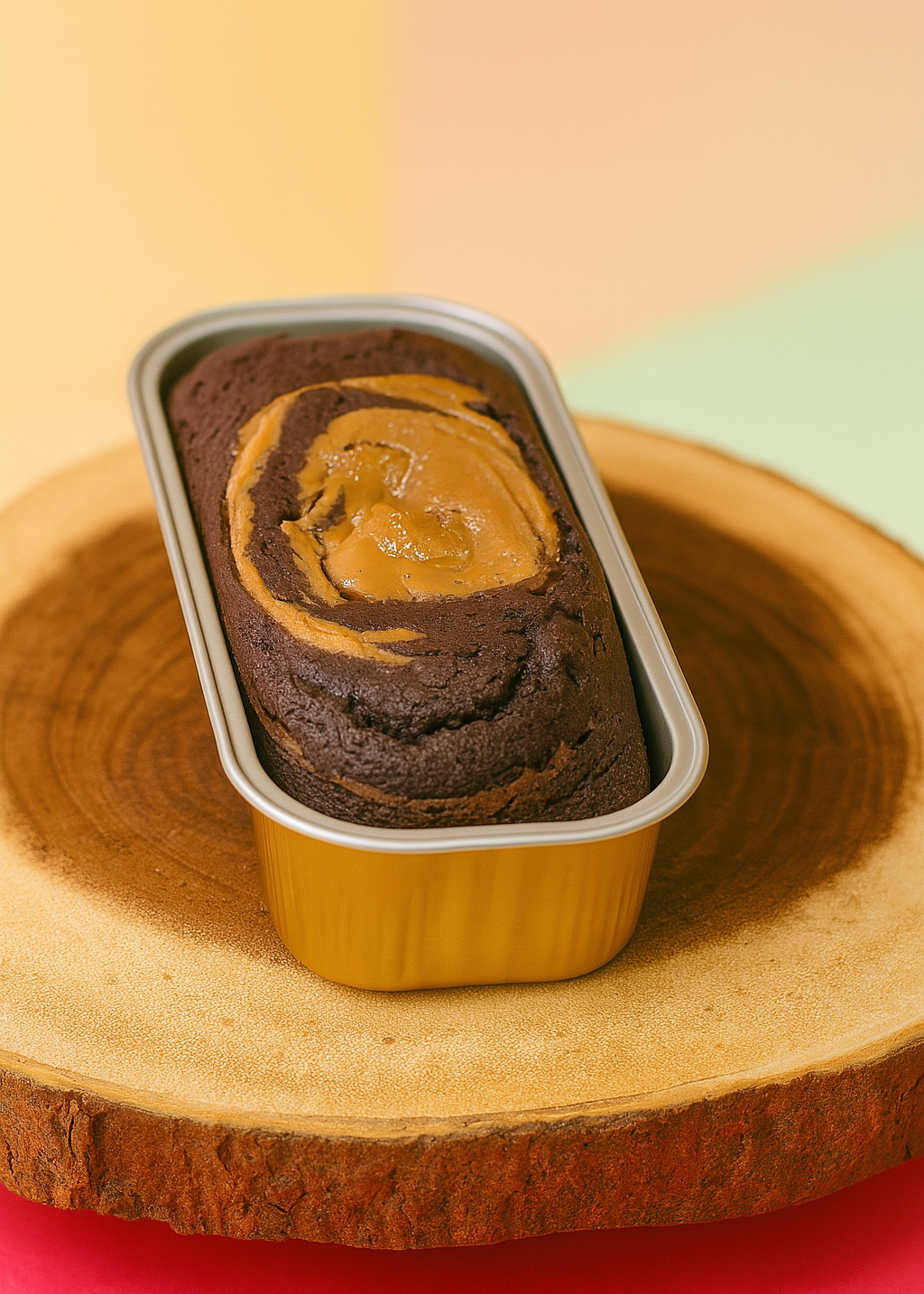 Freshly baked keto Brownie Minicake in a tray, displayed on a wooden slice with pastel background