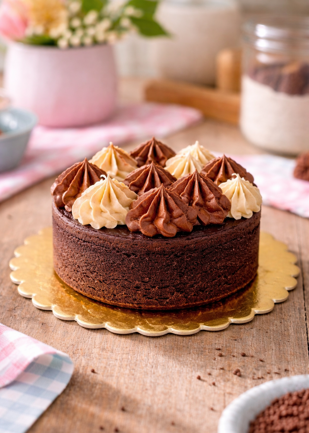 Chocolate cake with frosting on a wooden table