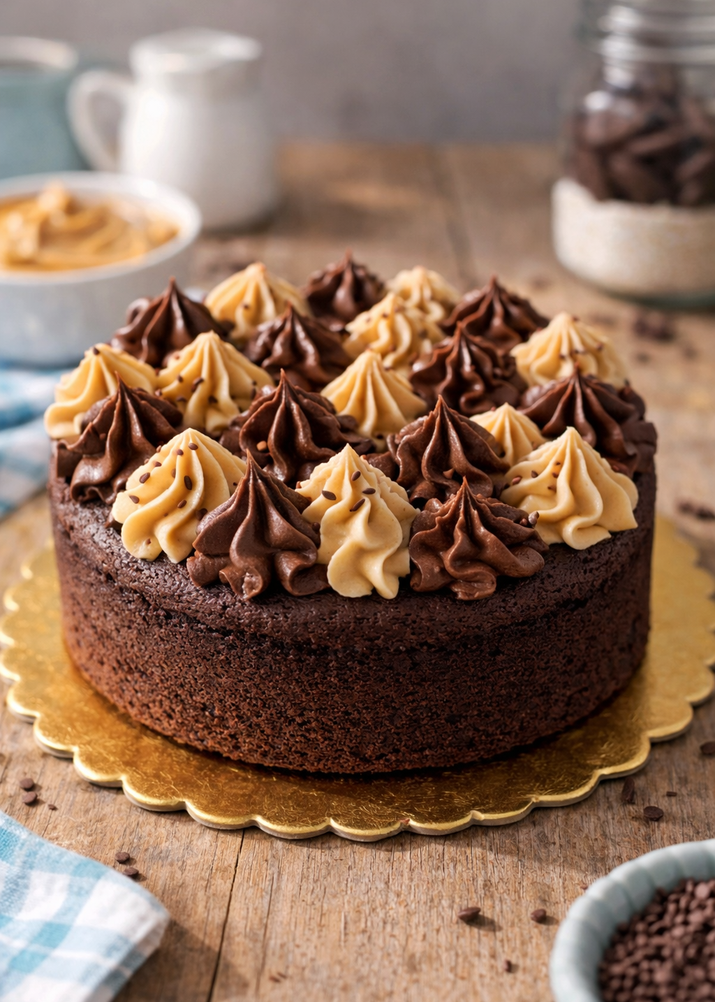 Chocolate cake with brown and beige frosting on a wooden table.
