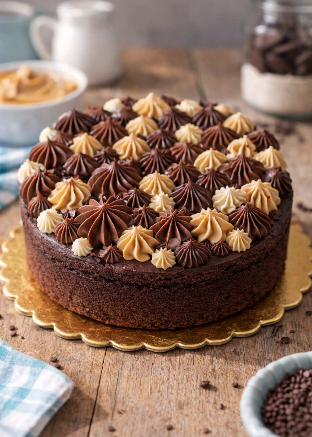 Chocolate cake with brown and beige frosting on a wooden table.