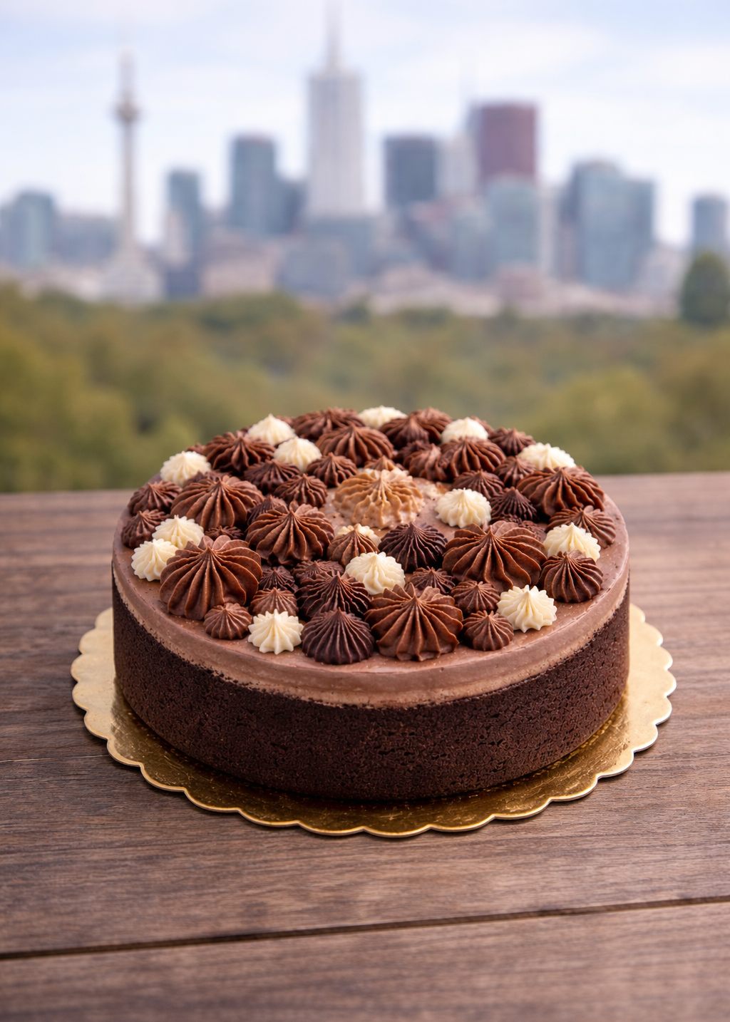 Chocolate cake with star-shaped decorations on a wooden table with a city skyline in the background