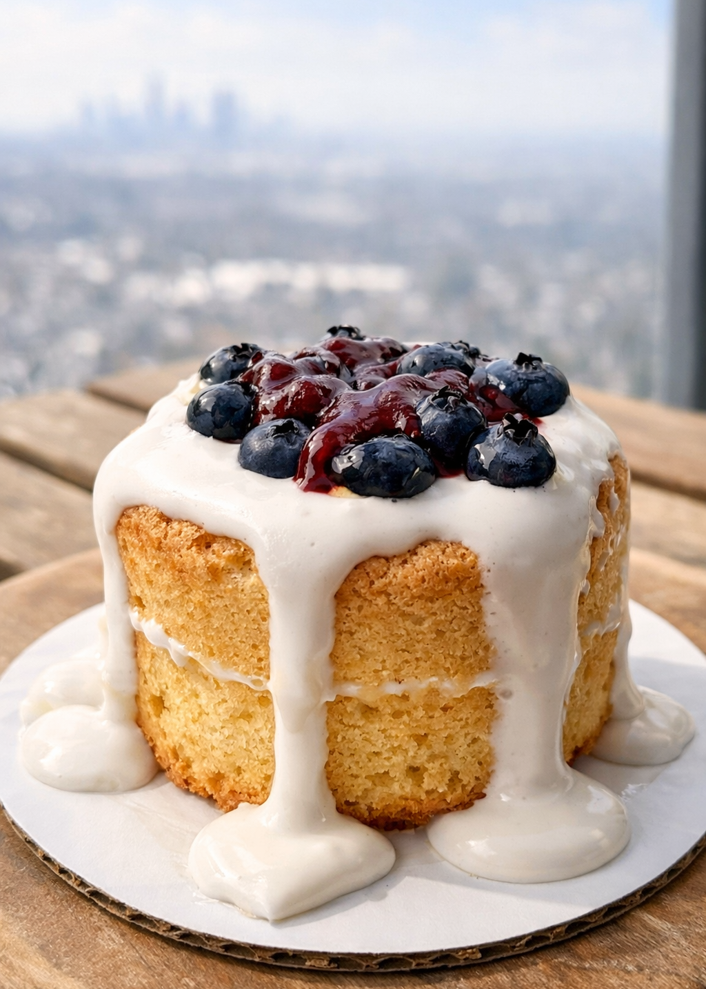 4" sponge cake topped with blueberries and berry sauce, covered in thick white marshmallow frosting dripping down the sides, photographed in natural sunlight with a soft foggy Toronto skyline background.

