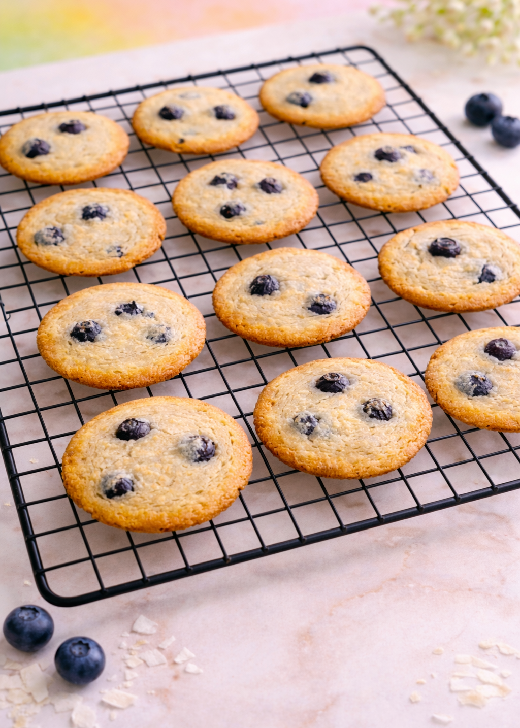 Blueberry cookies on a cooling rack with a light background
