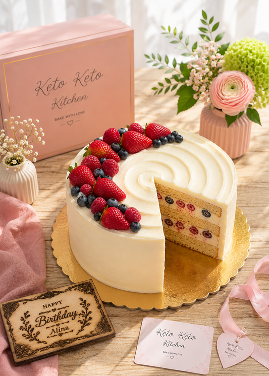 Sugar-free Keto Chantilly Cake topped with fresh strawberries and blueberries, layered with light Chantilly cream and vanilla sponge. Gluten-free, grain-free, and low-carb celebration cake made with premium ingredients.