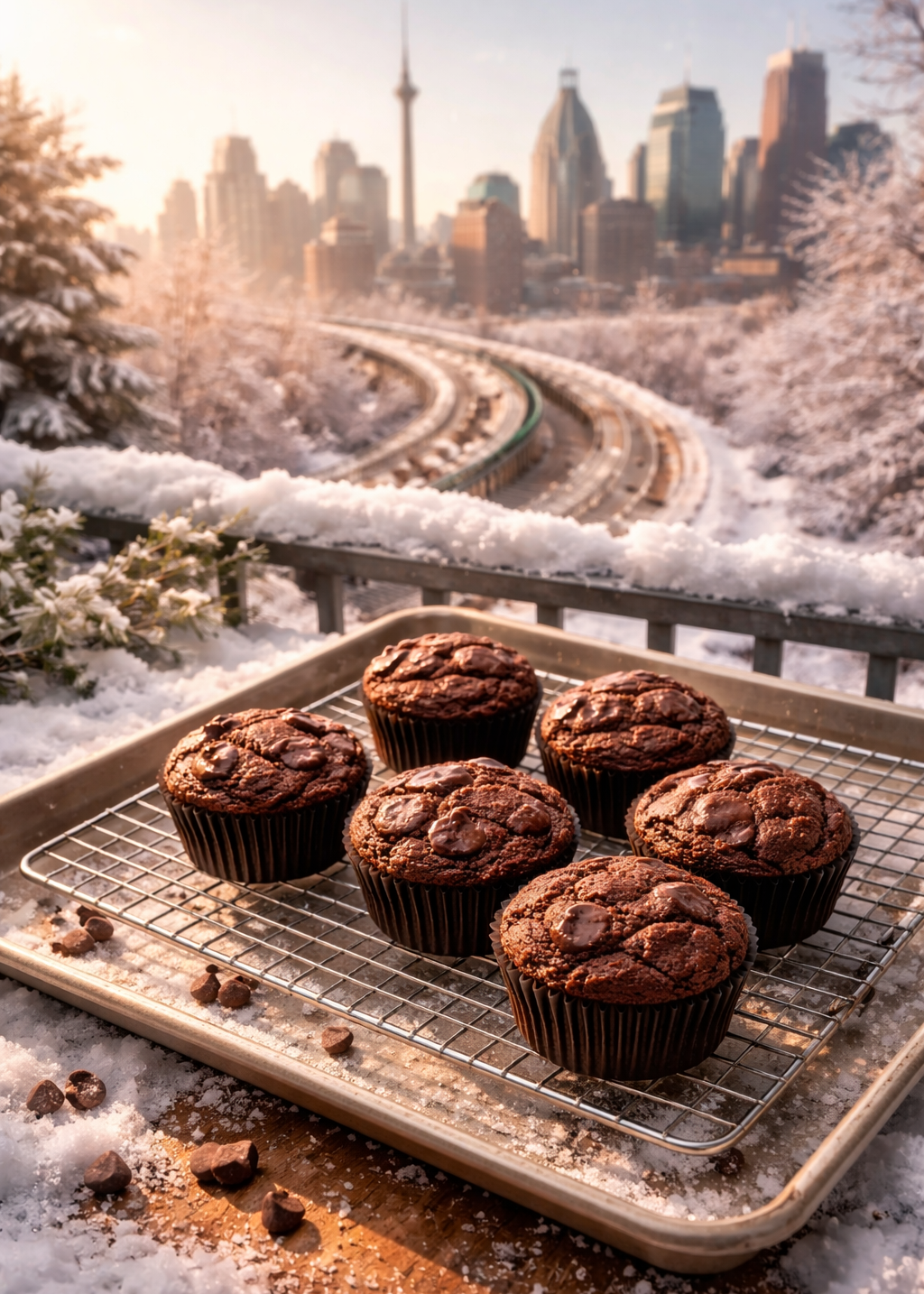 Chocolate muffins on a cooling rack with a snowy cityscape in the background