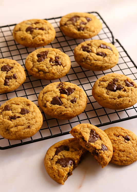 Keto cookies stacked on a pastel background, golden brown with a soft center, gluten-free and sugar-free – perfect low-carb snack