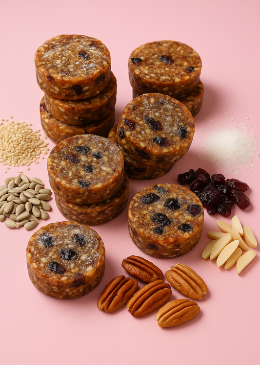 Cinematic close-up of round granola bars made with cranberries, pecans, almonds, sesame seeds, sunflower seeds, and a touch of natural sweetener, arranged on a pastel pink background with warm sunlight and scattered ingredients around them.