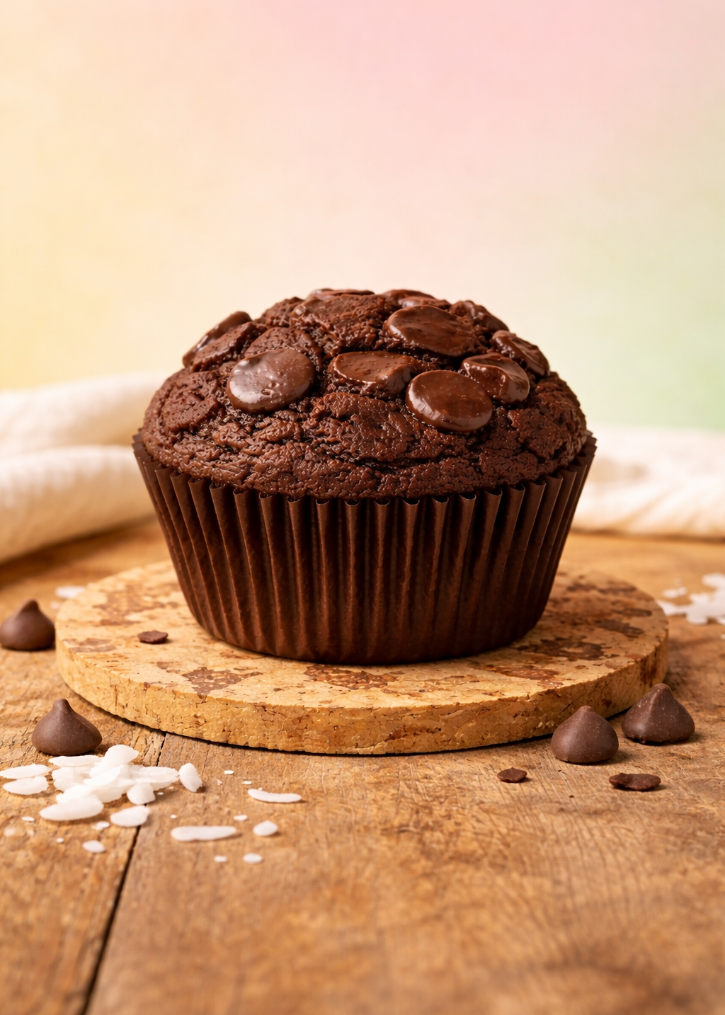Chocolate muffin with chocolate chips on a wooden board with a soft background