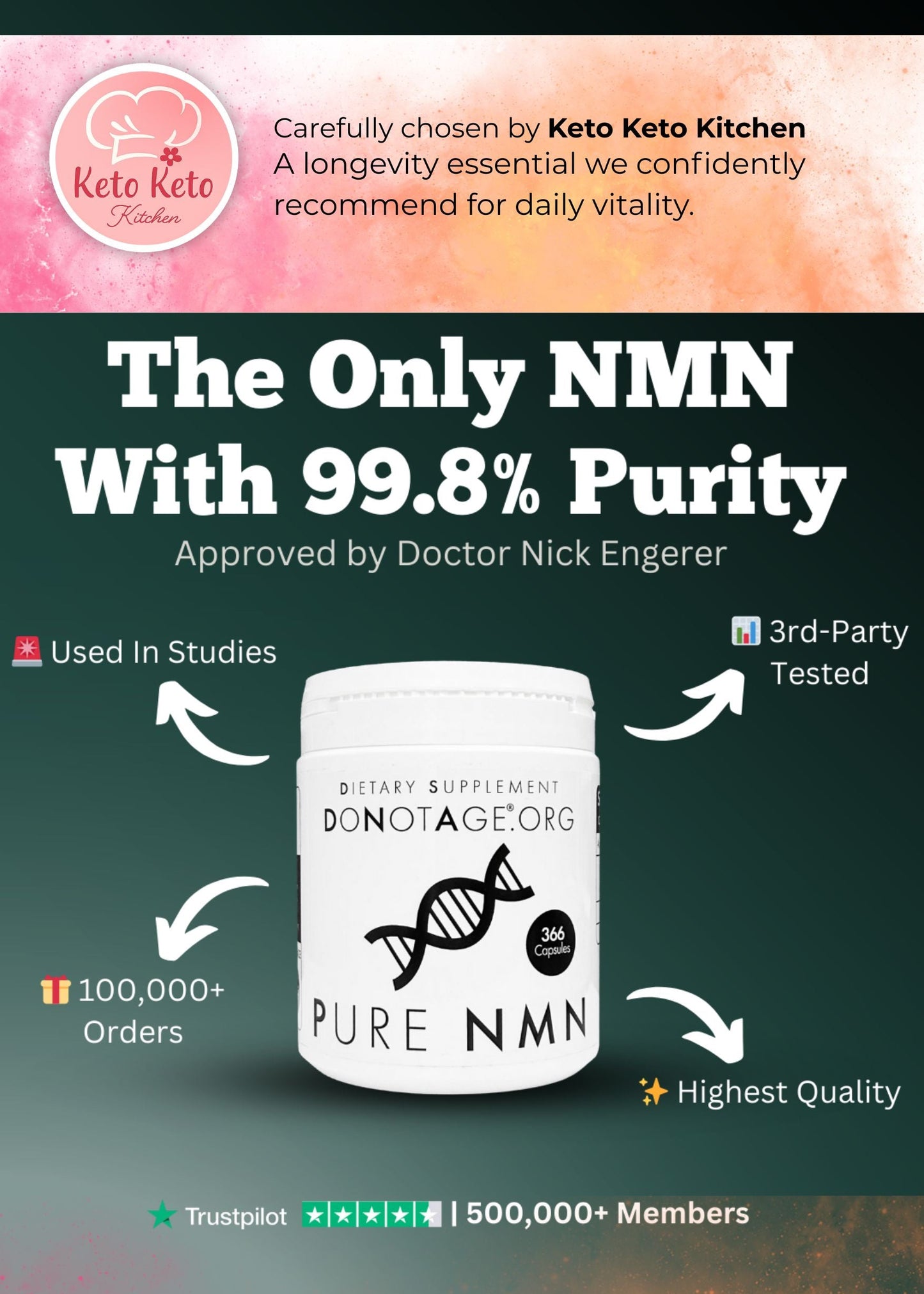 Keto Keto Kitchen recommends DoNotAge Pure NMN — a trusted longevity supplement with 99.8% purity, used in studies, third-party tested, and chosen for daily vitality and healthy living.