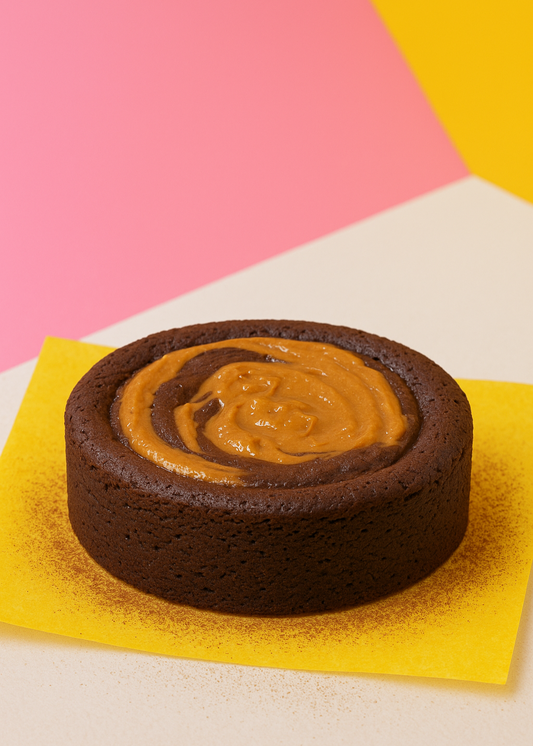 Keto peanut-butter swirl brownie cake, 6-inch low profile on yellow parchment with light cocoa dust, pastel pink/yellow backdrop.