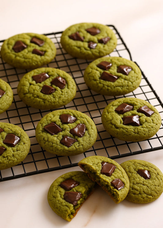 Matcha chocolate chip keto cookies cooling on a black wire rack, featuring a golden-green color and chunks of melted dark chocolate, with one broken cookie showing its soft interior.
