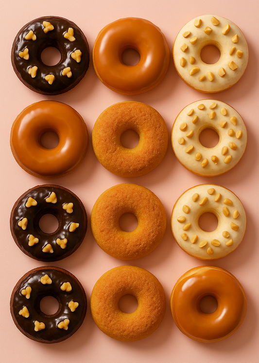 Eight perfectly aligned keto donuts arranged in two rows of four, featuring caramel, chocolate with walnut topping, vanilla with peanut topping, and cinnamon sugar flavors. The donuts are displayed under natural sunlight on a pastel pink background, matching the cheerful Keto Keto Kitchen aesthetic