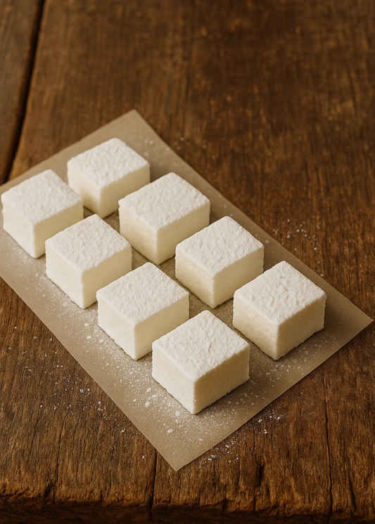 White marshmallows on a wooden surface