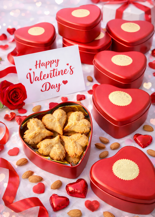 Sweet Hearts sugar-free keto heart-shaped biscuits in a red heart gift box for Valentine’s Day, featuring premium packaging, almonds, and foil-wrapped chocolate hearts, beautifully arranged for a romantic gift display.