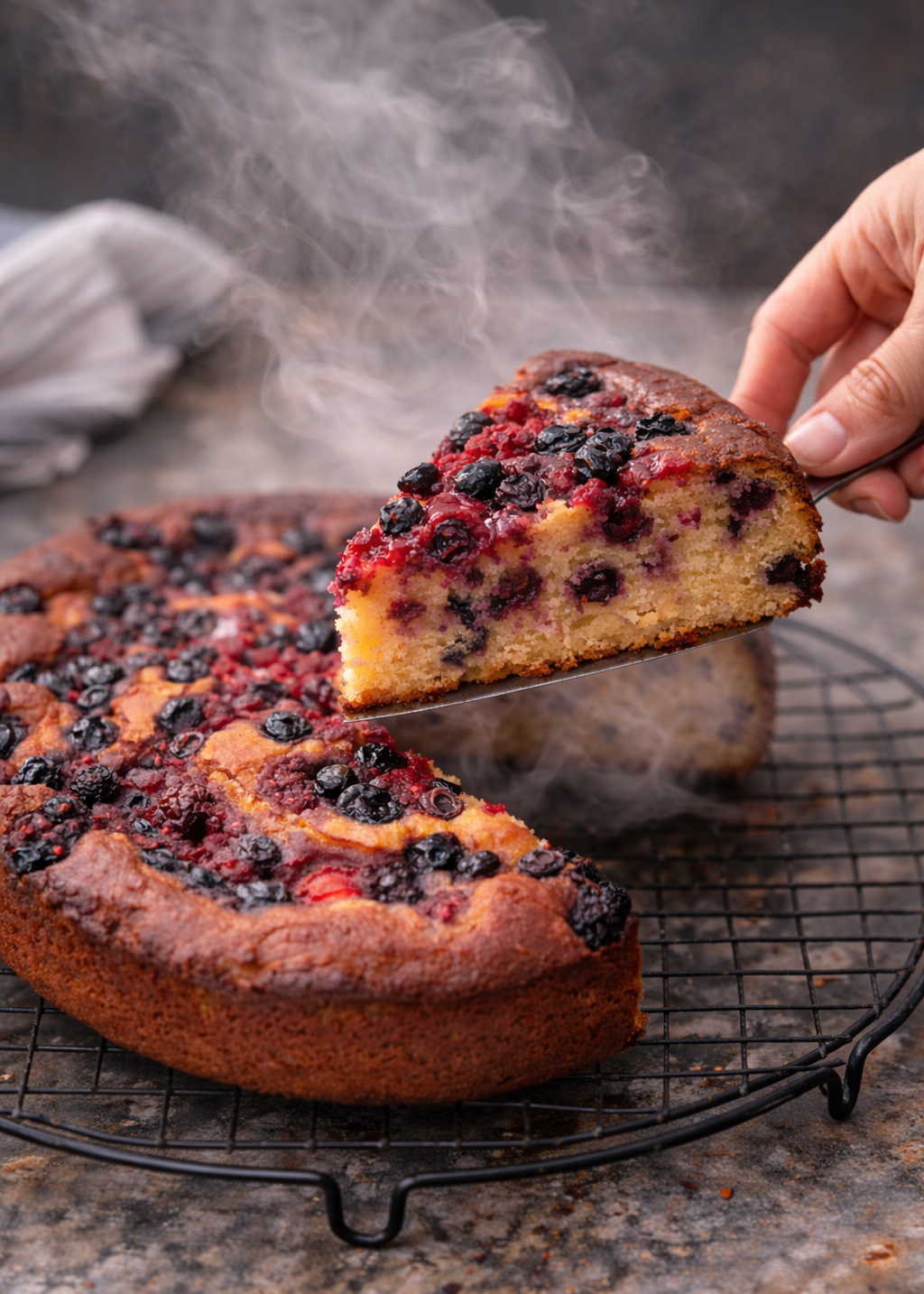 Alt textSteaming slice of sugar-free, keto, gluten-free berry-studded cake being lifted from a round cake on a cooling rack, showing a moist, golden cottage-cheese crumb with mixed berries on top.