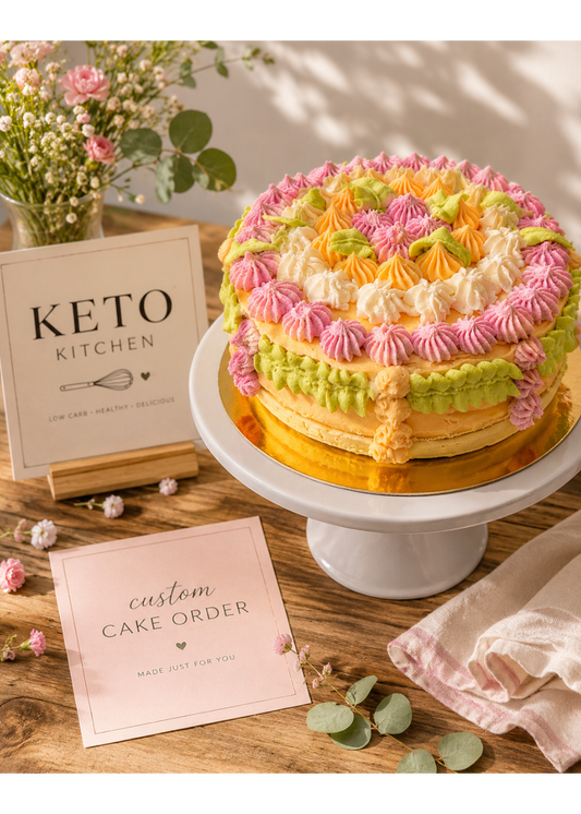 Colorful cake on a white cake stand with 'Keto Kitchen' sign and 'custom cake order' card.