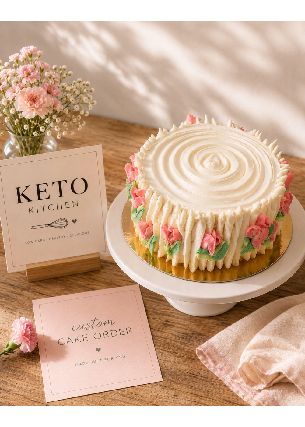 Decorative cake with white frosting and pink flowers on a wooden table with 'Keto Kitchen' sign.